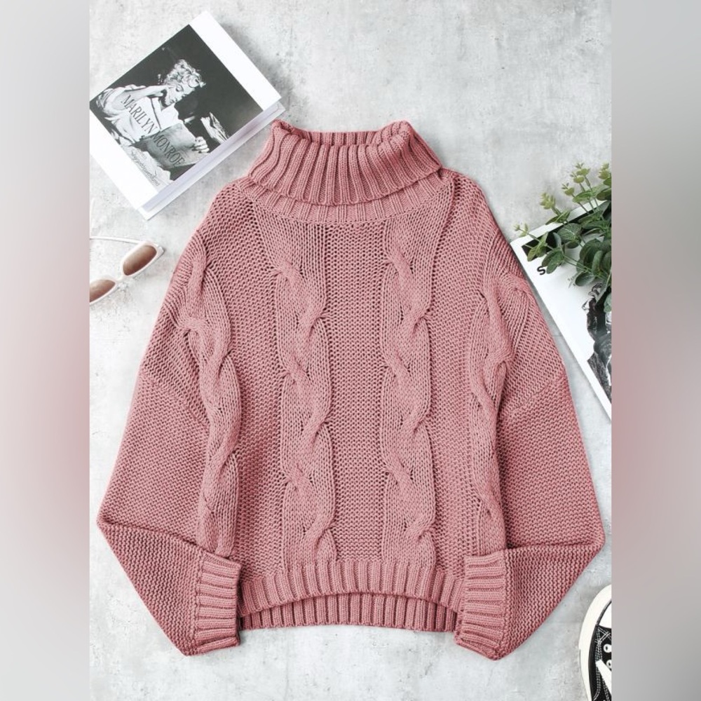 Cozy Pink Cable Knit Turtleneck Sweater